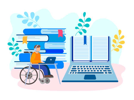 Education and job online for physical handicapped artificial disability person concept. Vector illustration.のイラスト素材