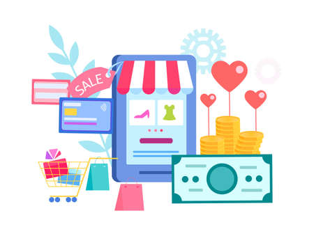 Shopping online on a mobile phone in the online store, sale for Valentine's day, payment by credit card on the Internetのイラスト素材
