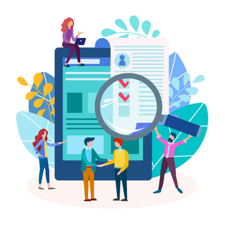 Interview, job application, search employee concept. Vector illustration for social media marketing, posters and presentations.のイラスト素材