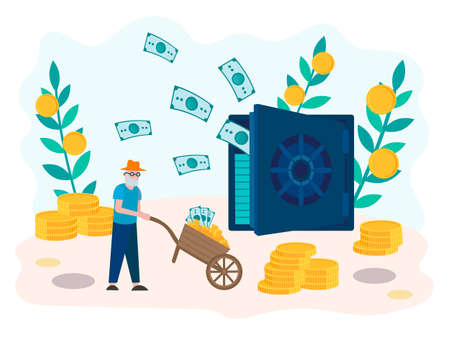 A pensioner pushing a cart with coins, close the safe open with fluttering bills, the concept of a secure old age, retirement savings.のイラスト素材