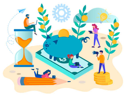 Work in a team to save money to achieve success and complete tasks on time. The concept of the need to save and control money.のイラスト素材