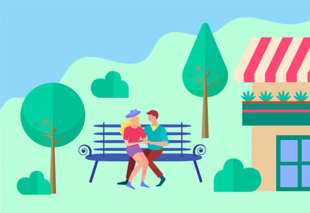 Young people hugging on a bench near the house. Lovers and their future in a cozy house concept.のイラスト素材