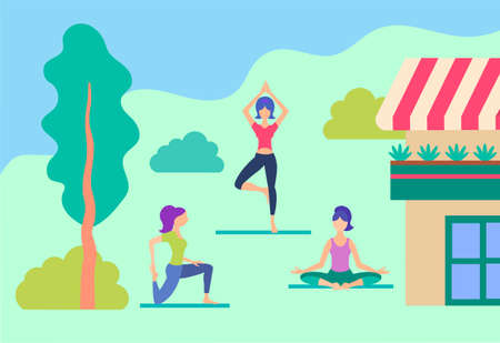 Girls doing yoga on the lawn near the house Fitness yoga concept Vector illustrationのイラスト素材