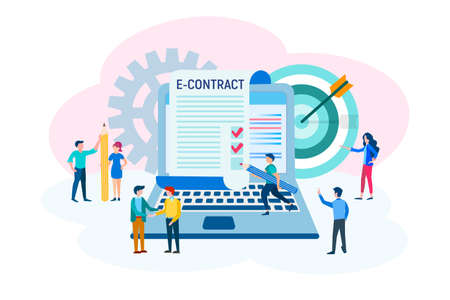 E-contract, business agreement and online contract signing concept vector illustration.のイラスト素材
