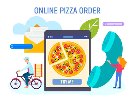 The concept of ordering pizza online, fast order taking and delivery to the client. The cyclist delivers the pizza, the worker holds the phone, taking orders, symbolizing feedback online.のイラスト素材