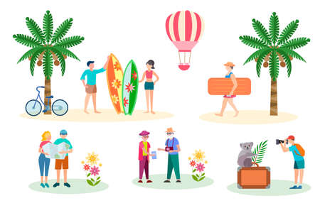 Travel Concept Set vector illustration. Characters tourists, vacationers, couples of young people and pensioners, travelers are sightseeing, photographing. Composition for design of advertising brochures and banners.のイラスト素材