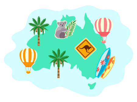 Australia silhouette with flora and fauna, palm trees, Koala and kangaroo warning sign, as well as serving boards and balloons. Concept Travel around the world for posters, banners and social media.のイラスト素材