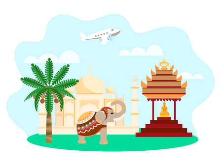 Vector illustration of Indian landscape with Indian architecture, Buddha statue, elephant, palm tree and airplane in the background. Concept travel around the world for advertising posters, banners and social mediaのイラスト素材