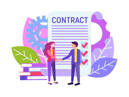 Handshake business partners, signing the contract. Little characters enter into a contract,  business partners agreement.のイラスト素材