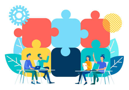 The talks in the office on the background image of puzzles symbolizing effective negotiations. Business teamwork concept vector illustration.のイラスト素材