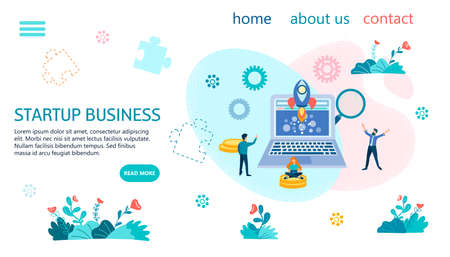 Starup Business Banner Concept Vector Illustration. Tiny people near the computer are involved in the development of a successful online business. The rocket takes off from the monitor screen.のイラスト素材