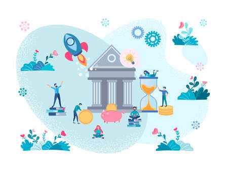 Ð¡onceptual Vector Illustration of income growth through successful Bank deposits, employees of the Bank tiny people help to get a loan, open profitable deposits and multiply savings.のイラスト素材