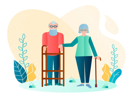 Handicapped elderly couple vector illustration. An elderly man moves with the help of a walker, hand of his elderly wife on his handのイラスト素材
