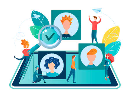 vector illustration recruiting online form filling concept job search, online interview, teamwork, online interview, web technologies for HRのイラスト素材