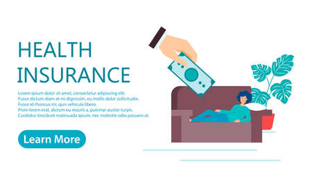 Health Insurance Concept Vector Illustration A young girl lies on the sofa , a helping hand hands her a banknote, medical insuranceのイラスト素材