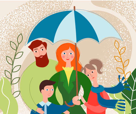 Happy family Dad, mom, daughter and son under an umbrella on the background of an autumn landscape Vector illustrationのイラスト素材