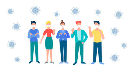 People say stop coronavirus. A group of young people are protesting against the outbreak of the epidemic. Vector illustrationのイラスト素材