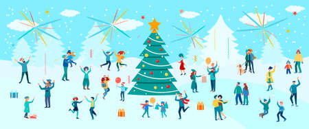 New Year and Christmas on the background of a winter landscape. People and children dancing and having fun around the Ð¡hristmas tree, gifts and fireworks. New year holiday concept vector illustrationのイラスト素材
