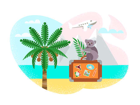 Travel around the world concept vector illustration. Koala sits on a suitcase with stickers from travels on the background of a landscape of mountains, ocean, palm tree, beach.のイラスト素材