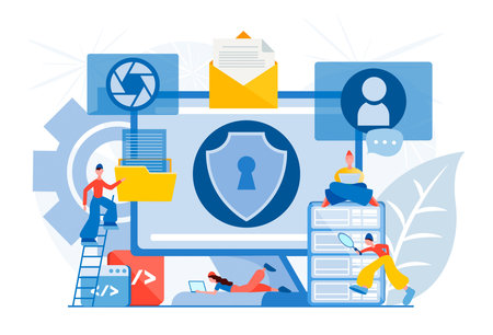 Data center security. Protect visual contents concept, safe social networking service and streaming video. Safe communication network.のイラスト素材