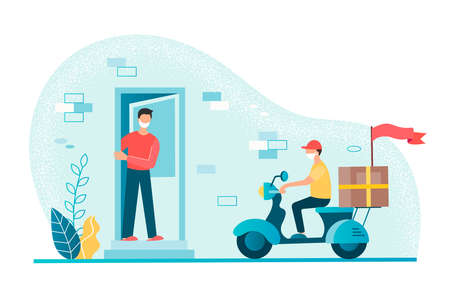 Contactless delivery concept. Young man at the door of his house awaits a parcel delivered by a courier on a scooter. Concept vector illustration.のイラスト素材