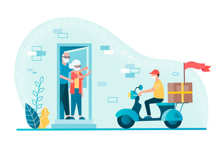 Contactless delivery concept. An elderly couple at the door of their house awaits a parcel delivered by a courier on a scooter. Concept vector illustration.のイラスト素材