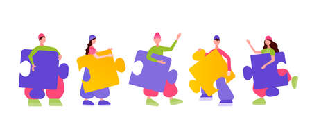Buiness teamwork, cooperation, partnership concept. Tiny people connecting puzzle elements. Vector illutrationのイラスト素材