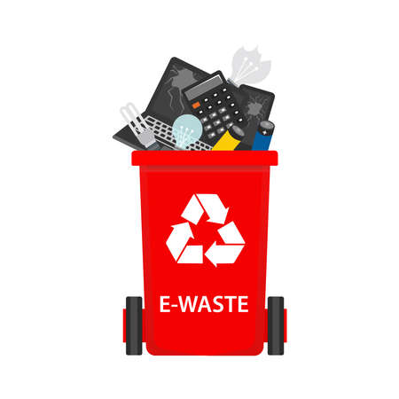 Trash can with recyclable waste sign and e-waste waste, broken gadgets, used batteries. Isolated vector illustrationのイラスト素材