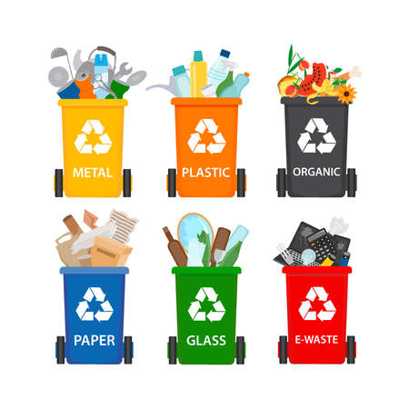 Garbage containers with recyclable waste. Metal, plastic, organic, paper, glass, e-waste recyclable waste. Isolated vector illustrationのイラスト素材