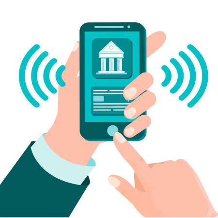 Host card emulation Near Field Communication Hand of businessman with smartphone payment by Host card emulation HCE technology Smart pay, business and technology concept Concept vector illustrationのイラスト素材