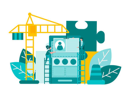 Mobile app phone interface building Construction crane assembles mobile app details for a successful startupのイラスト素材
