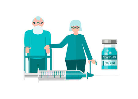 Elderly couple and vaccination covid 19 syringe and dose of vaccine Concept vector illustrationのイラスト素材