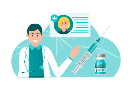 vaccination covid 19 syringe and vaccine dose covid vaccination certificate doctors' approval Concept vector illustrationのイラスト素材
