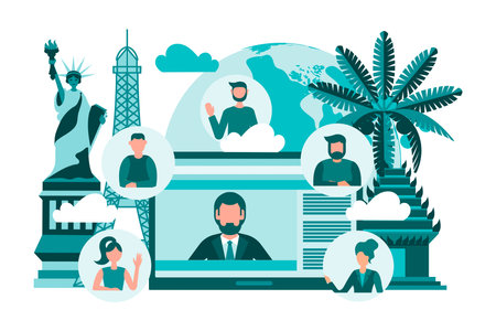 Online conference around the world, meeting people from different countriesのイラスト素材