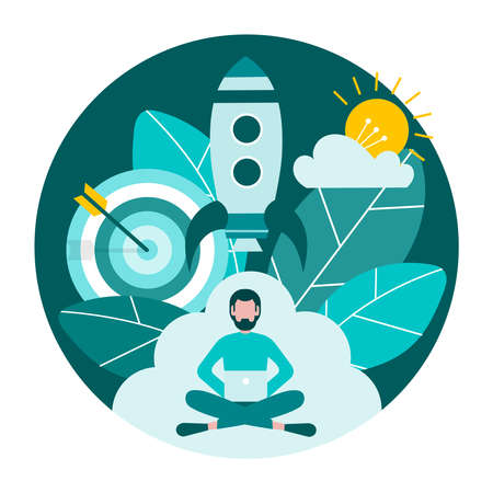 Successful startup, online business, e-commerce. Young man with laptop and rocket on the backgroundのイラスト素材