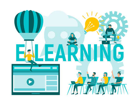 E-learning, online education, web tutorials. People in the learning process. Concept vector illustration.のイラスト素材