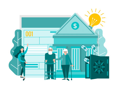 An elderly couple receives a bank loan. A bank employee offers to fill out a form for obtaining a loan. The bank loan is approved. Concept vector illustration.のイラスト素材