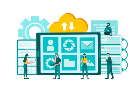 Teamwork to create social media applications. Gadgets digital design and web analytics concept vector illustration.のイラスト素材