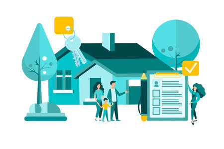 Buying real estate in a real estate agency. A young family signs a contract to buy a residential house of their own. Concept vector illustration.のイラスト素材