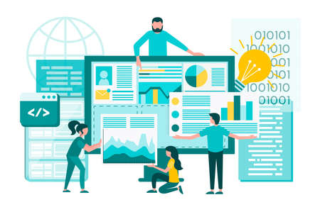 Digital design, UI UX programmers and web designers teamwork. Development automation business and management systems. Concept vector illustrationのイラスト素材