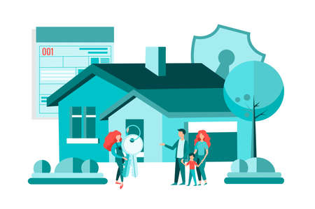 Real estate agency, housing mortgage for young couples, safe deal, agency employee hands over house keys to family.のイラスト素材