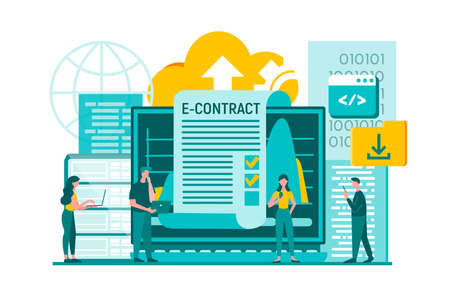 Electronic contract, financial analysis and online management, IT support and programming service. Concept vector illustration.のイラスト素材
