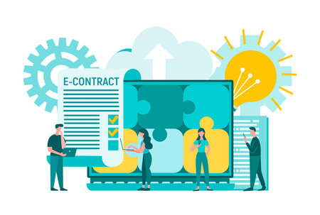Electronic contract, teamwork, puzzles as collaboration and networking. Concept vector illustration.のイラスト素材