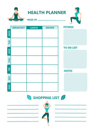 Health meal planner weekly schedule blank ready for printing. Diet plan. Fitness, notes, to do list. Vector illustration.のイラスト素材