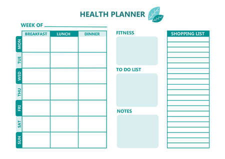 Diet meal plan weekly schedule blank ready for printing. Health planner Fitness Shopping list Vector illustrationのイラスト素材