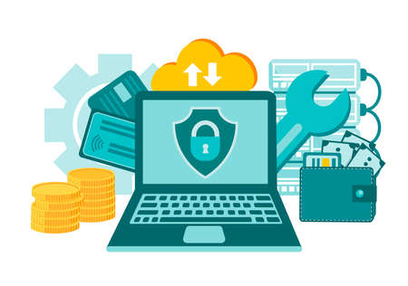 Information Security. Data protection. Financial insecurity on the Internet. Privacy system. Online authorization. Concept vector illustration.のイラスト素材