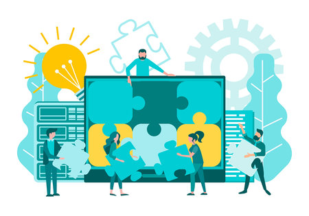 Teamwork on site software. Social media tools on the Internet for business and communication. Vector illustrationのイラスト素材