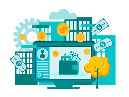 Online commerce, internet money turnover. Coins grow on a tree in the city and move to a wallet on a computer screen. Concept vector illustration.のイラスト素材