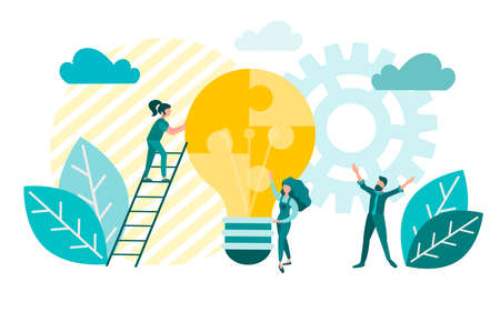 Idea as the beginning of a successful startup. Teamwork, working on a project, connecting puzzles, generating an idea. Concept vector illustration.のイラスト素材