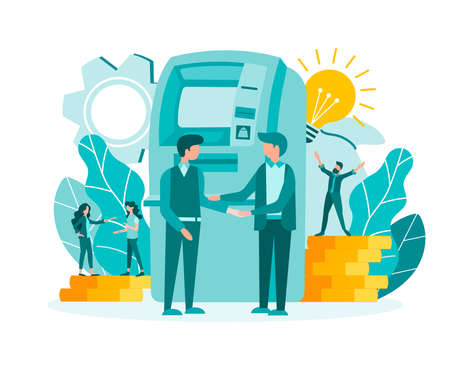 Businessmen are shaking hands with each other. ATM, coins, bills, savings, financial transaction Concept vector illustrationのイラスト素材